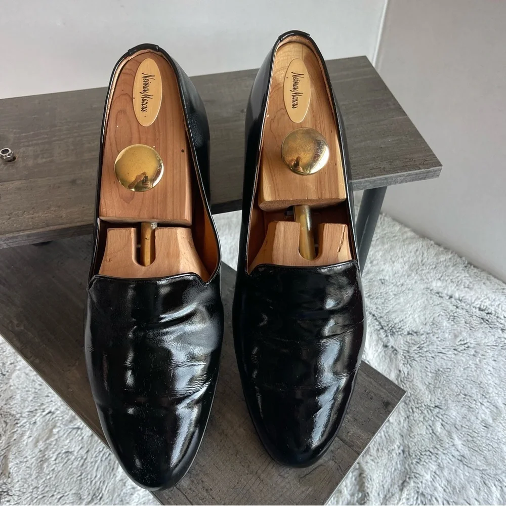 Federico Leone Black Leather Men’s Slip-On Tuxedo Loafers Elegant Shoes Size 9.5